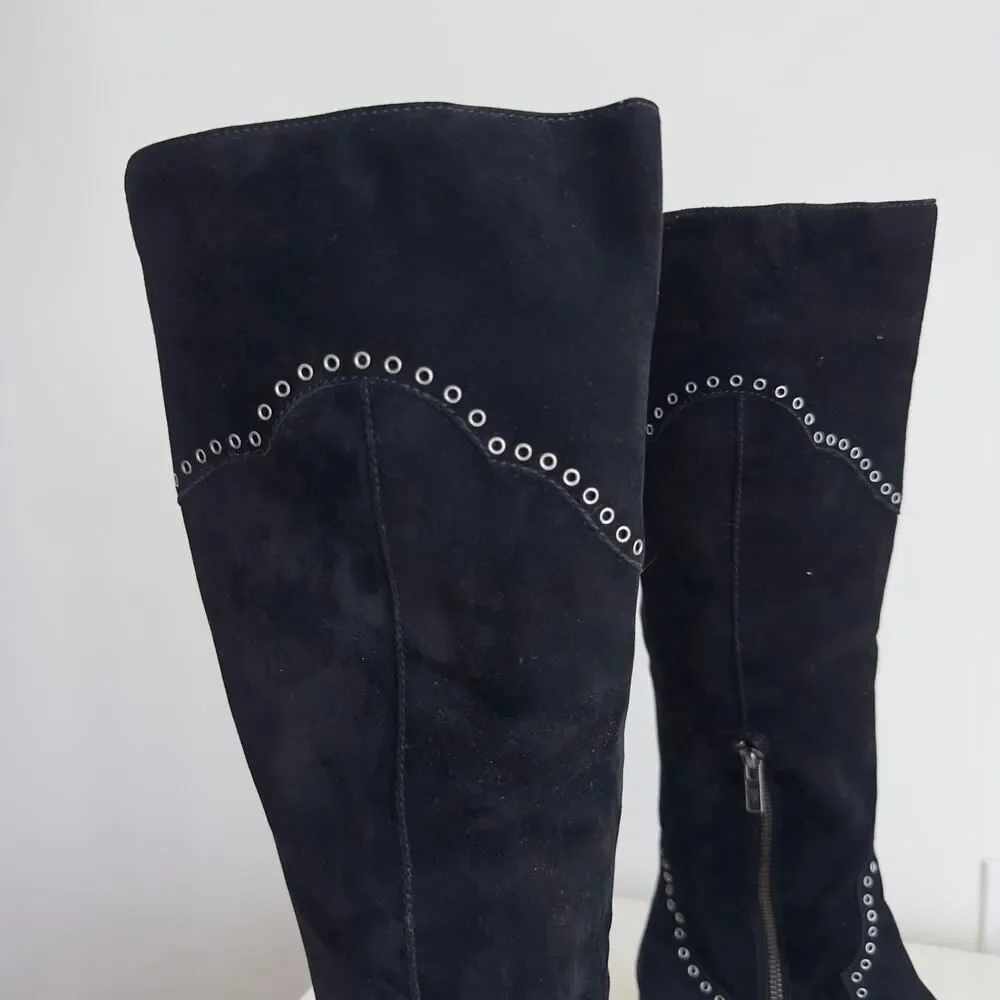 FRYE Boots Womens 6.5 Black Over The Knee Suede Leather Ray Grommet Studded